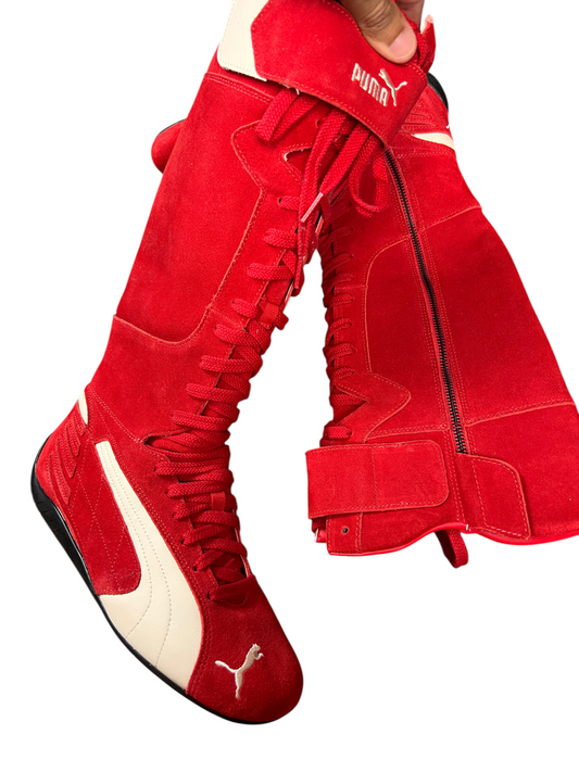 Puma Speedcat Boot Wns in For All Time Red - boot held in hand showing the lacing