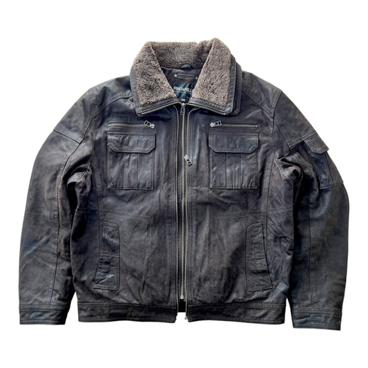 Vintage Bomber Leather Jacket Dark Brown Multiple Zips - cloakerstore