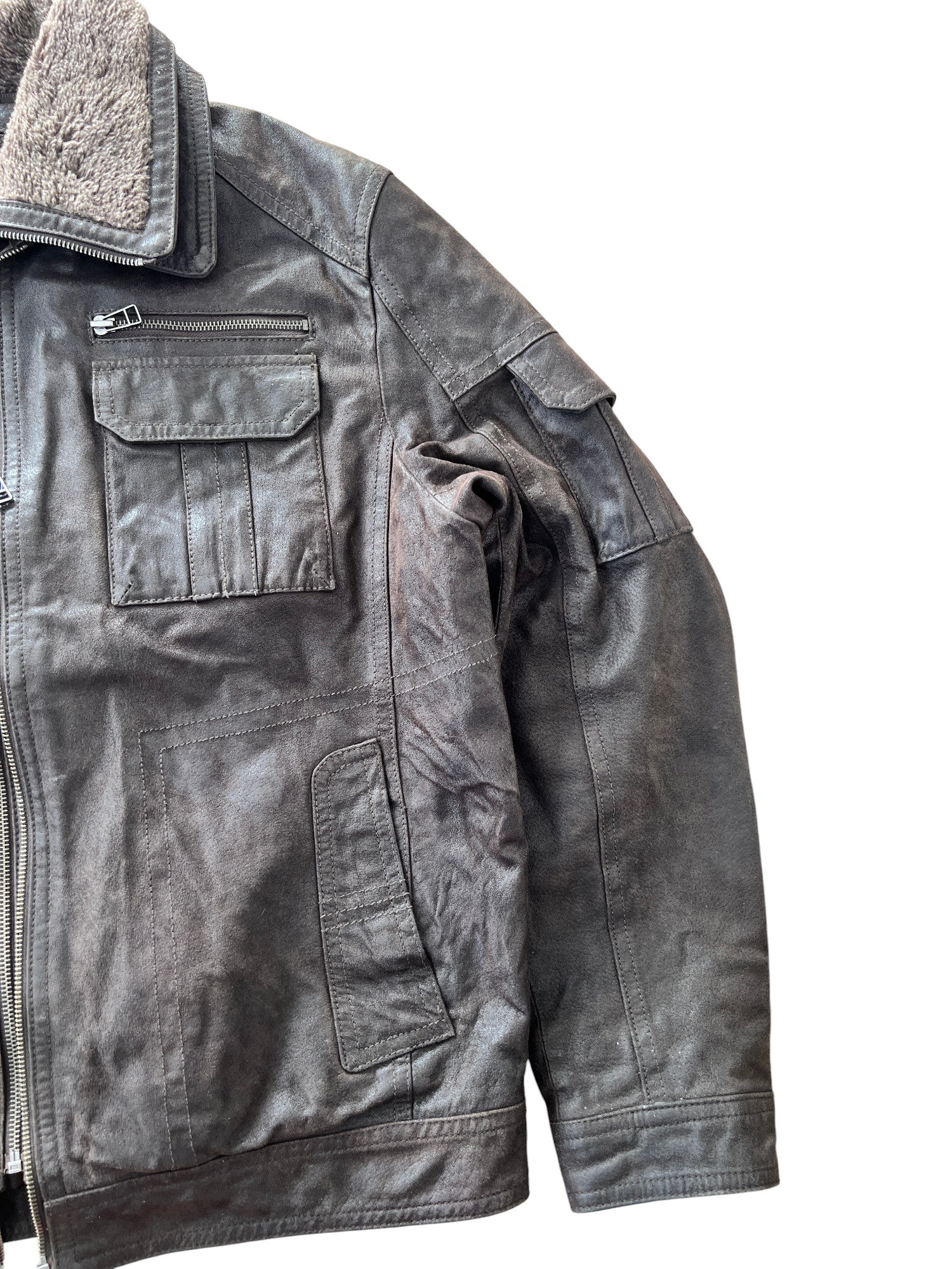Vintage Bomber Leather Jacket Dark Brown Multiple Zips - cloakerstore