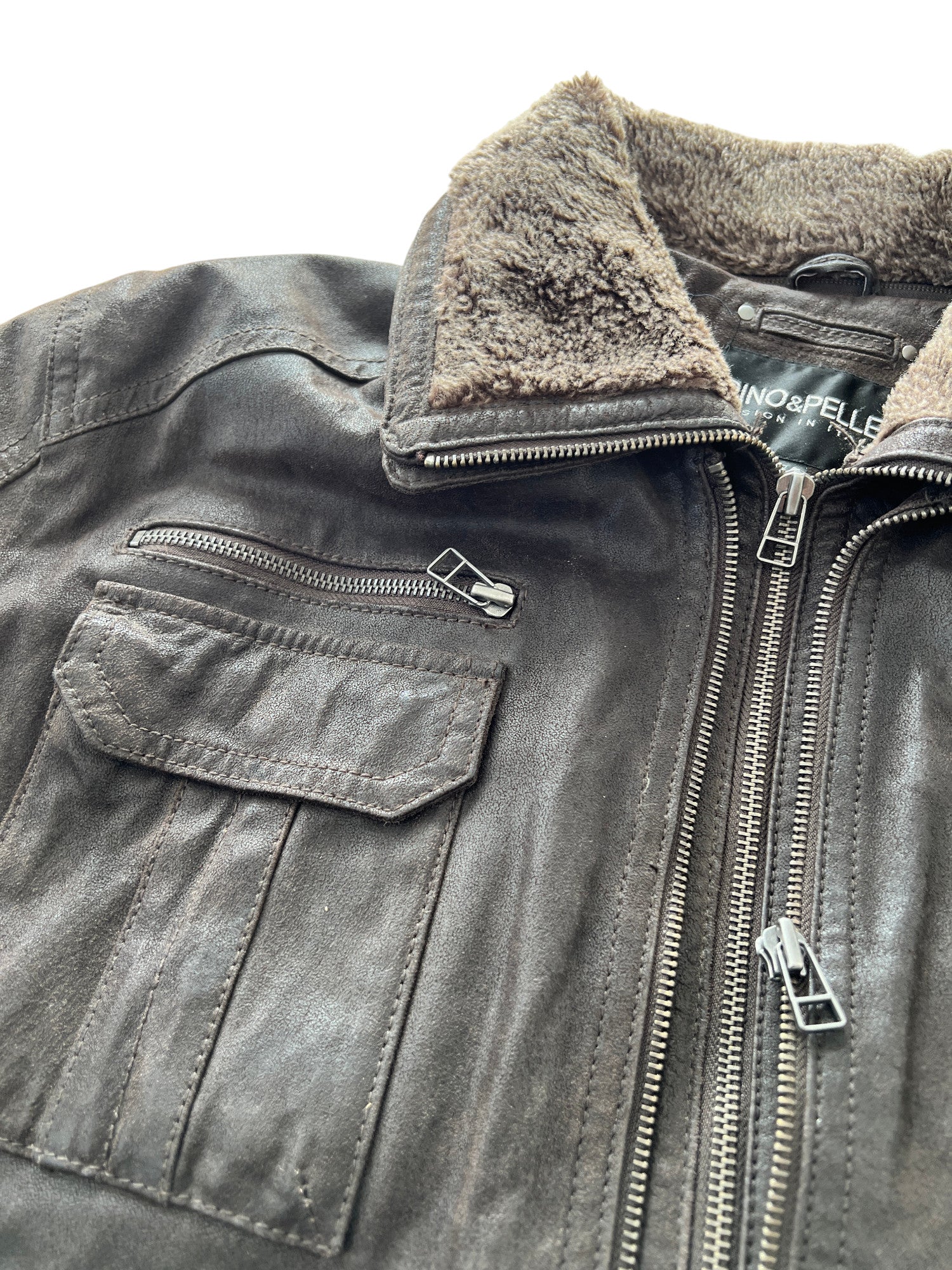 Vintage Bomber Leather Jacket Dark Brown Multiple Zips - cloakerstore