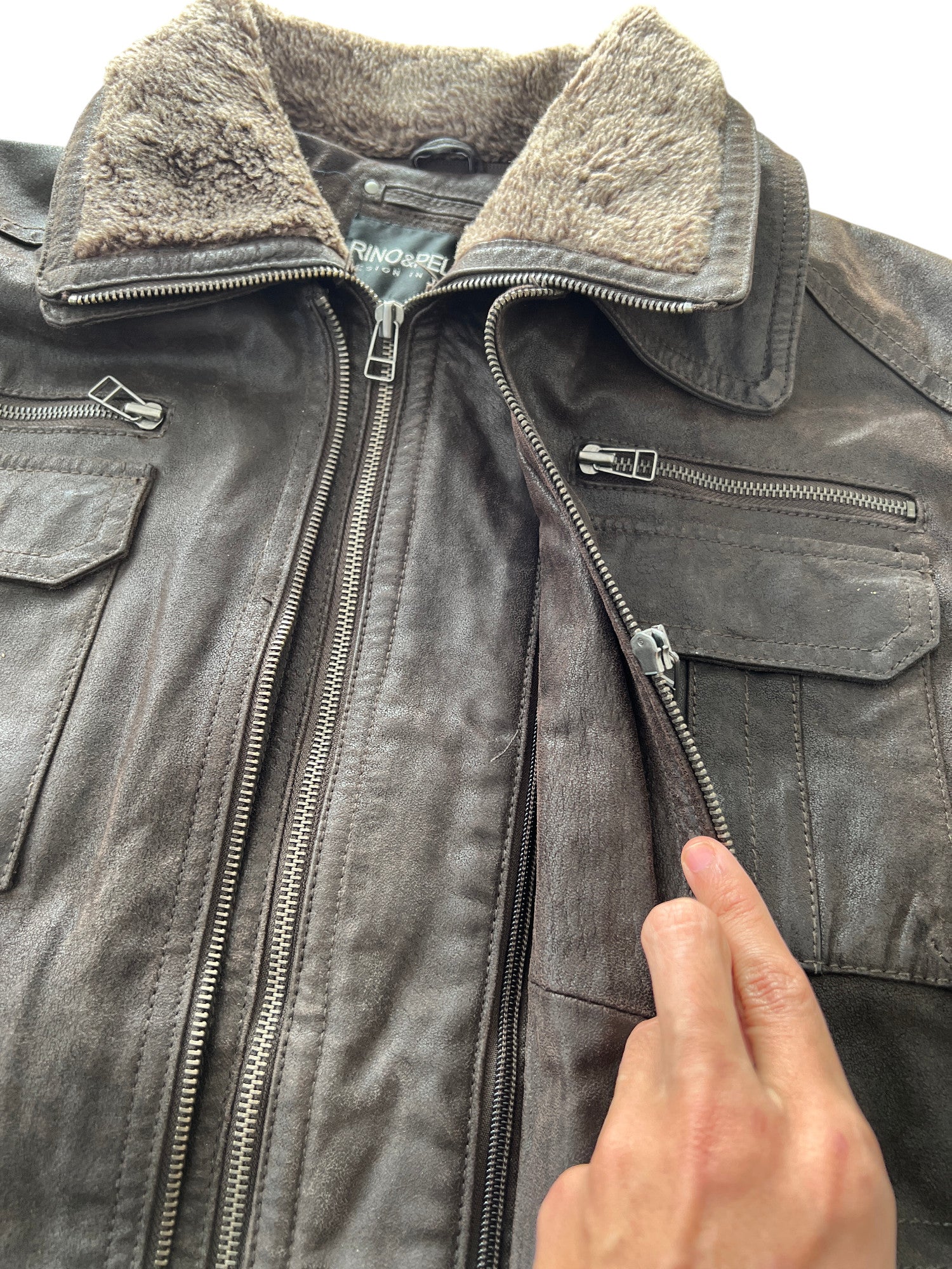 Vintage Bomber Leather Jacket Dark Brown Multiple Zips - cloakerstore