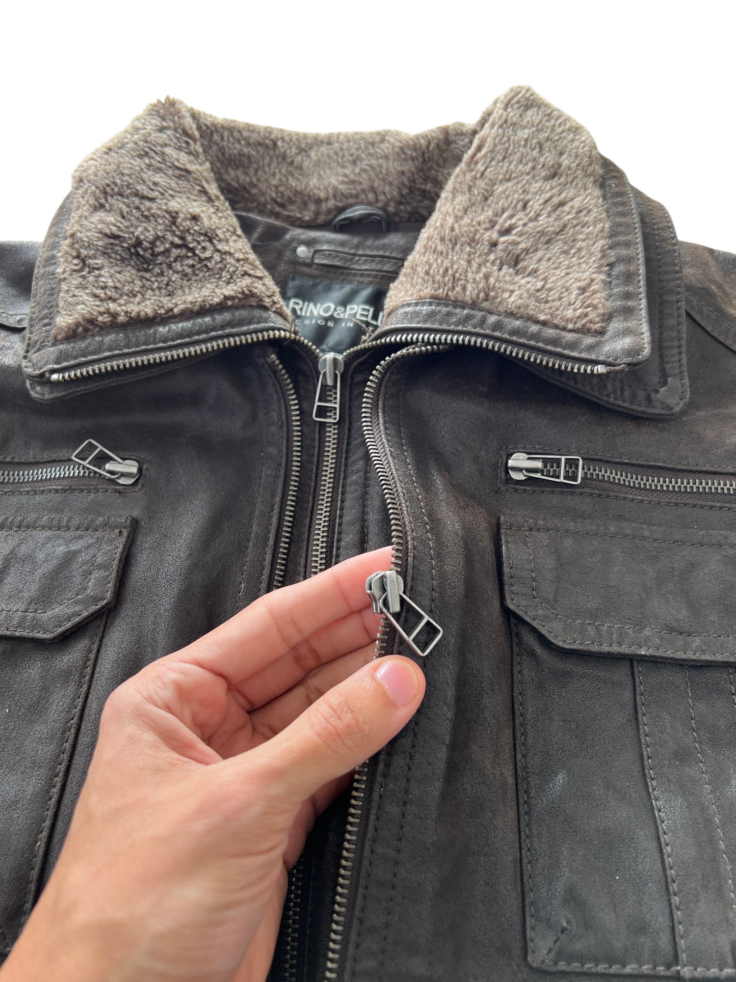 Vintage Bomber Leather Jacket Dark Brown Multiple Zips - cloakerstore