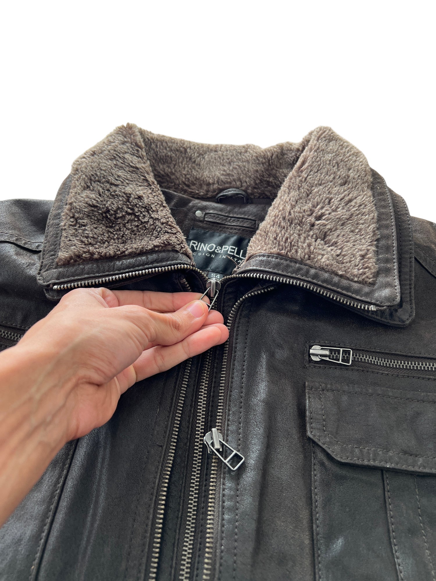 Vintage Bomber Leather Jacket Dark Brown Multiple Zips - cloakerstore