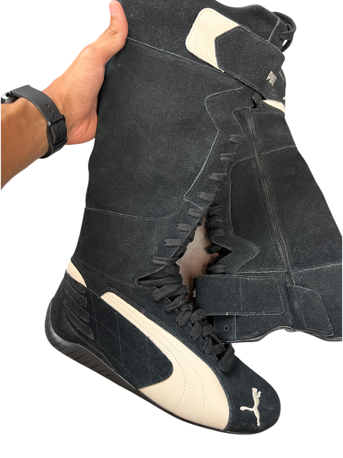 Puma Speedcat Boot Wns in Puma Black - boot held in hand showing the lacing
