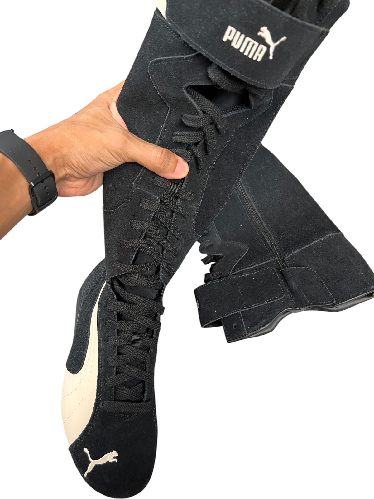 Puma Speedcat Boot Wns in Puma Black - boot held up showing the full lacing