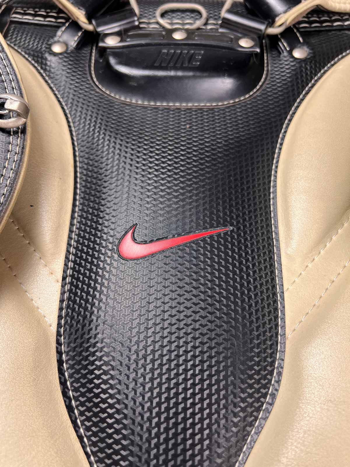 Nike Randoseru black and cream, red Swoosh - red Swoosh on the textured centre panel