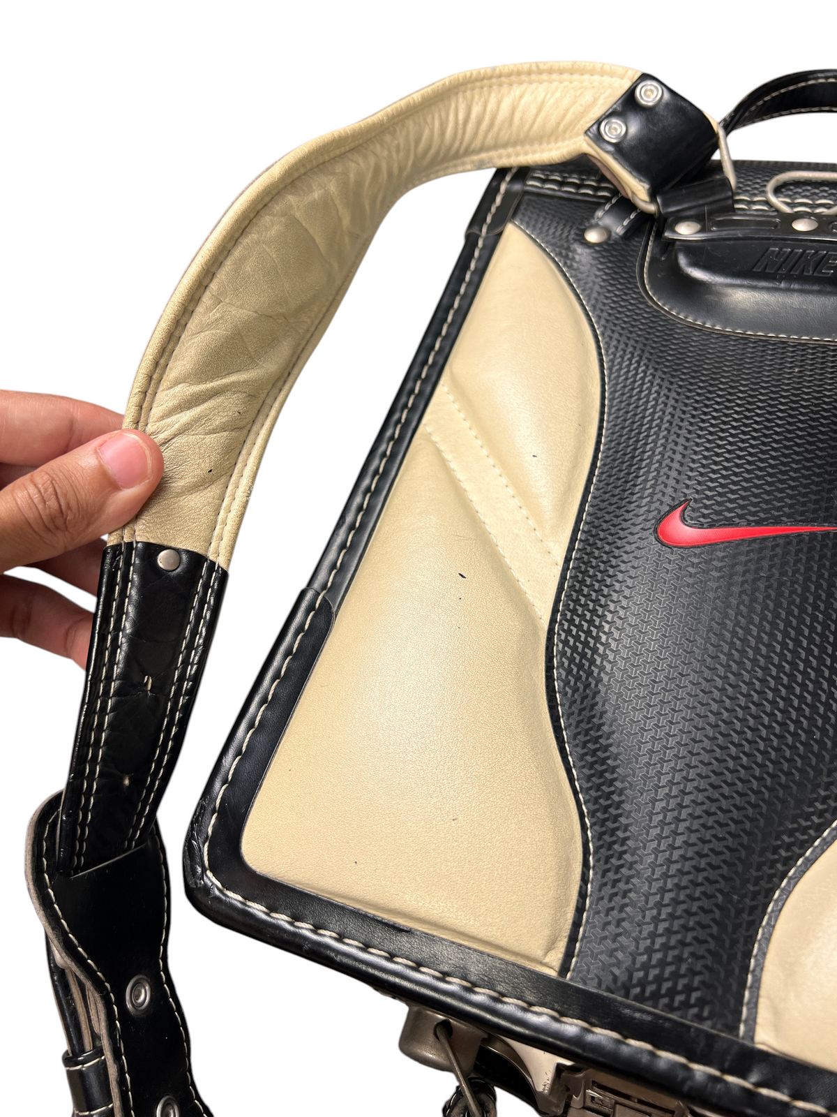 Nike Randoseru black and cream, red Swoosh - cream padded shoulder strap from inside