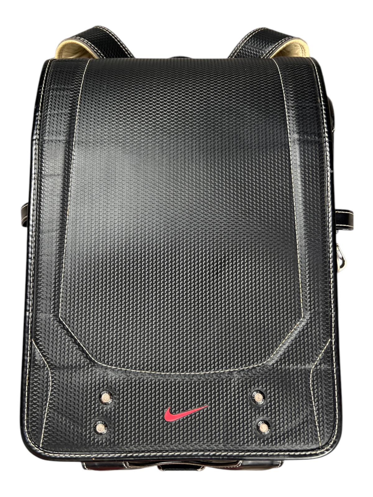 Nike Randoseru black and cream, red Swoosh - front flap closed, moulded body