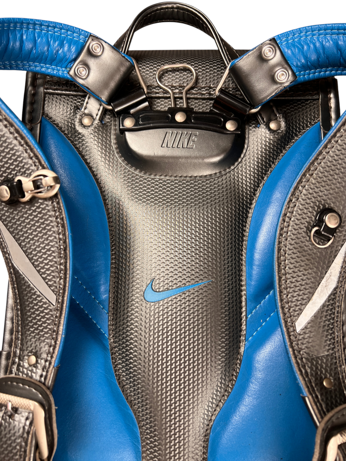 Nike Randoseru gunmetal and blue - blue Swoosh on the textured gunmetal panel