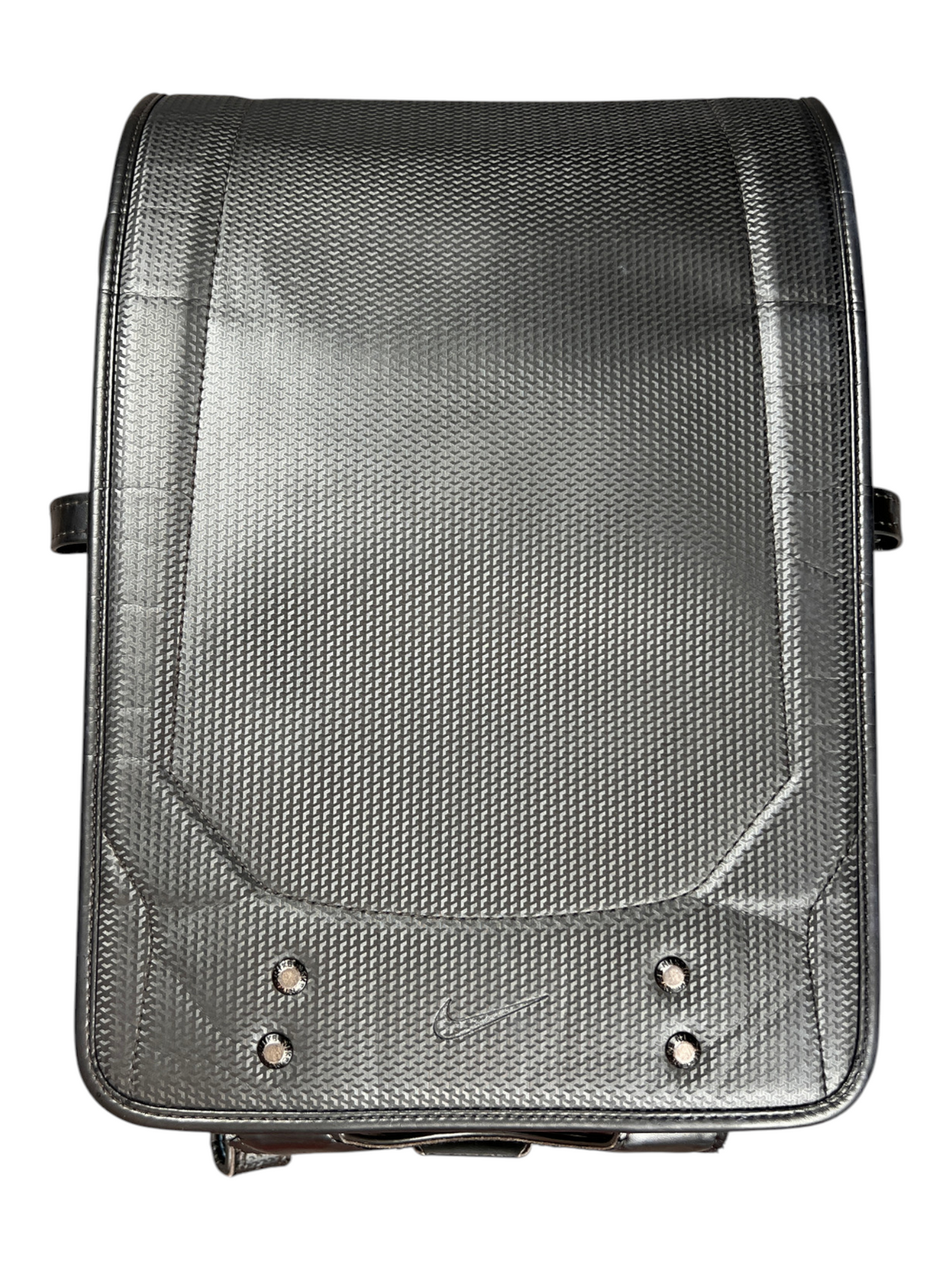 Nike Randoseru gunmetal and blue - front flap closed, moulded gunmetal body