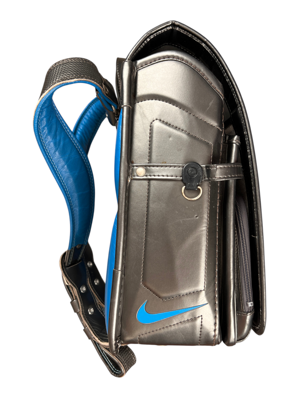 Nike Randoseru gunmetal and blue - side profile with the blue strap visible