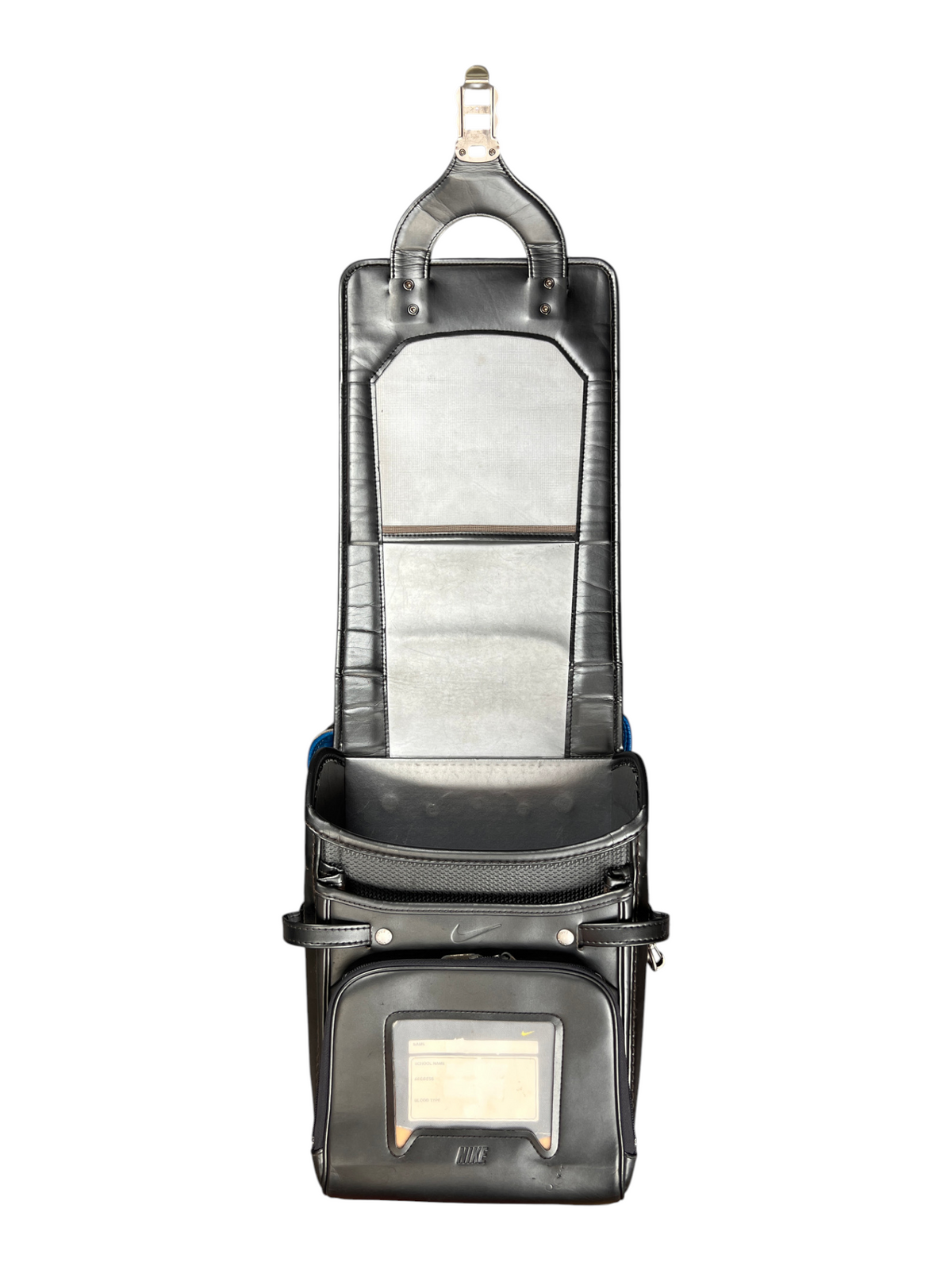 Nike Randoseru gunmetal and blue - opened flat showing divider and name-card window