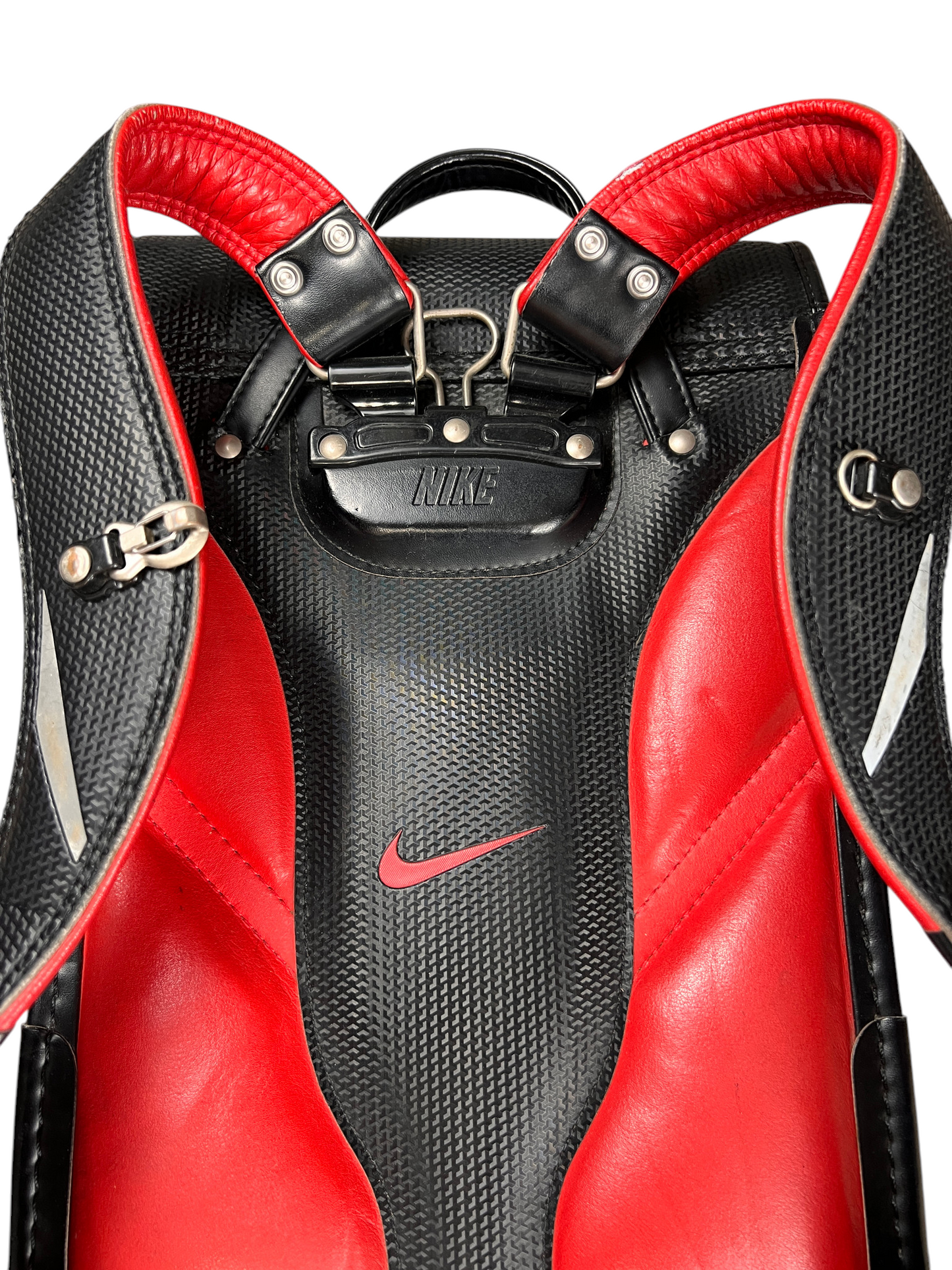 Nike Randoseru black and red - red Swoosh on the textured panel beside the red back