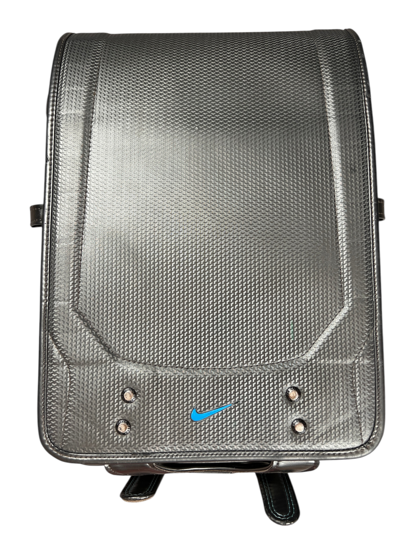 Nike Randoseru metallic charcoal and blue - front flap closed with the blue Swoosh