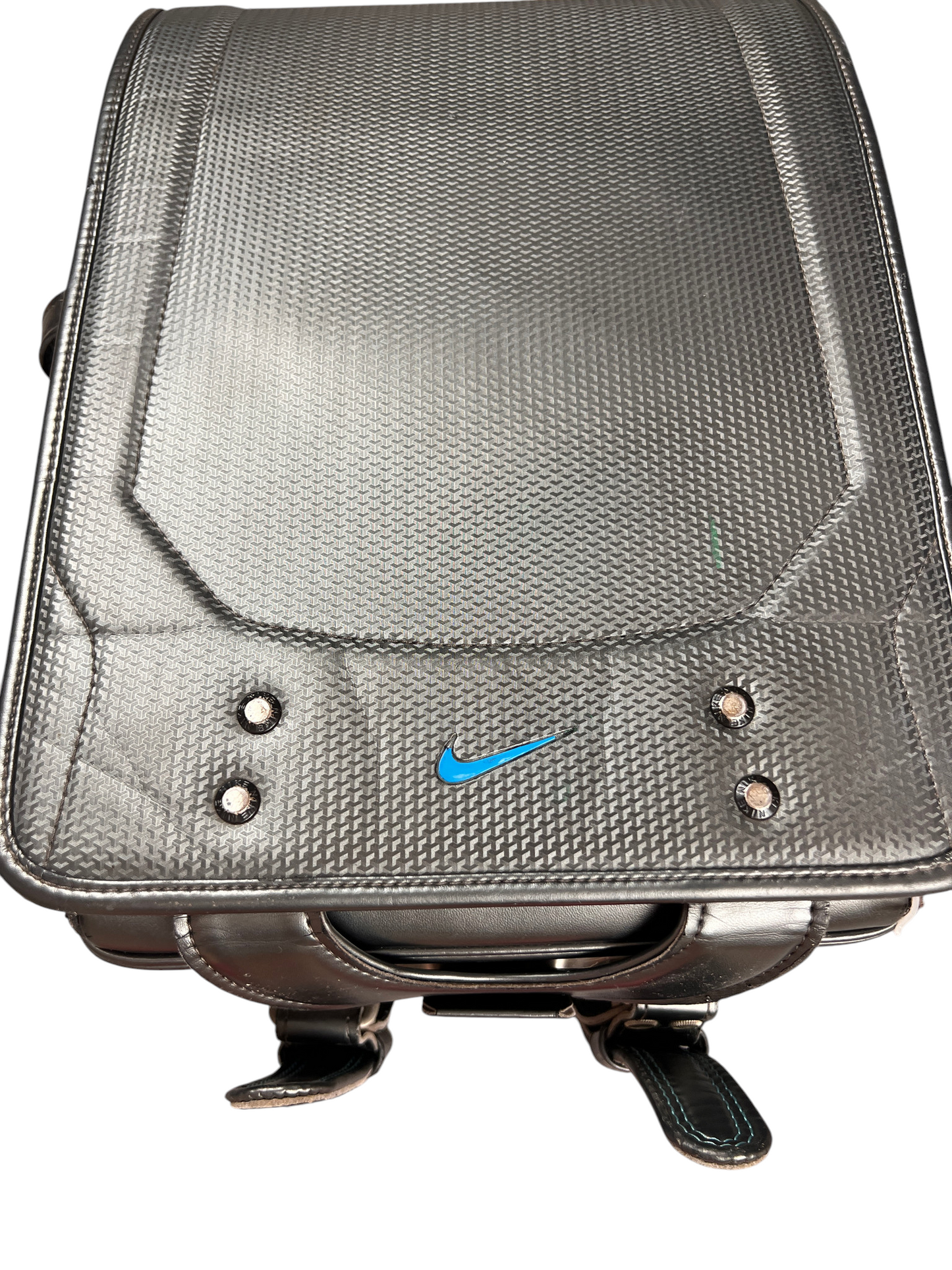Nike Randoseru metallic charcoal and blue - front flap from a low angle