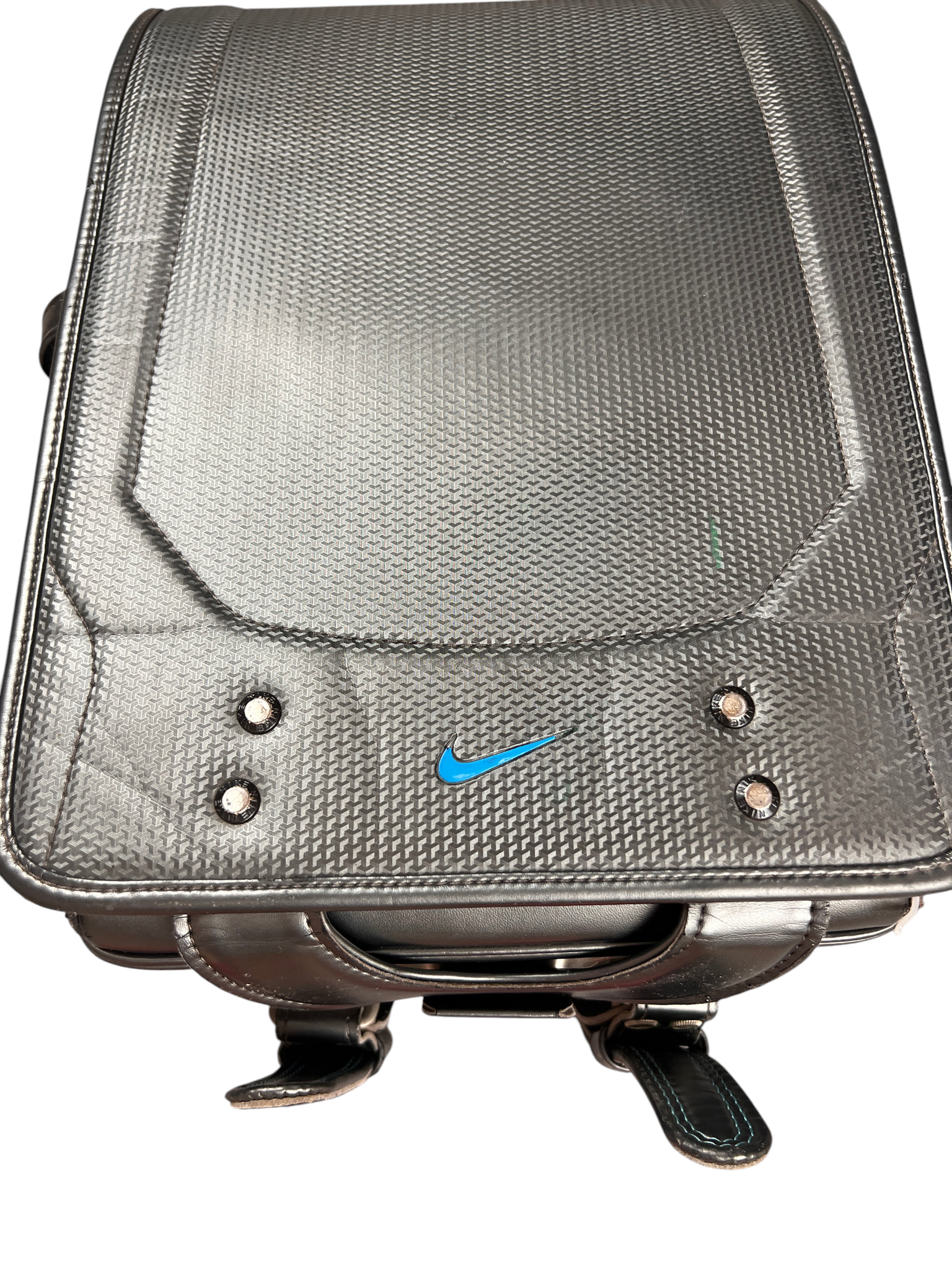 Nike Randoseru metallic charcoal and blue - front flap from a low angle