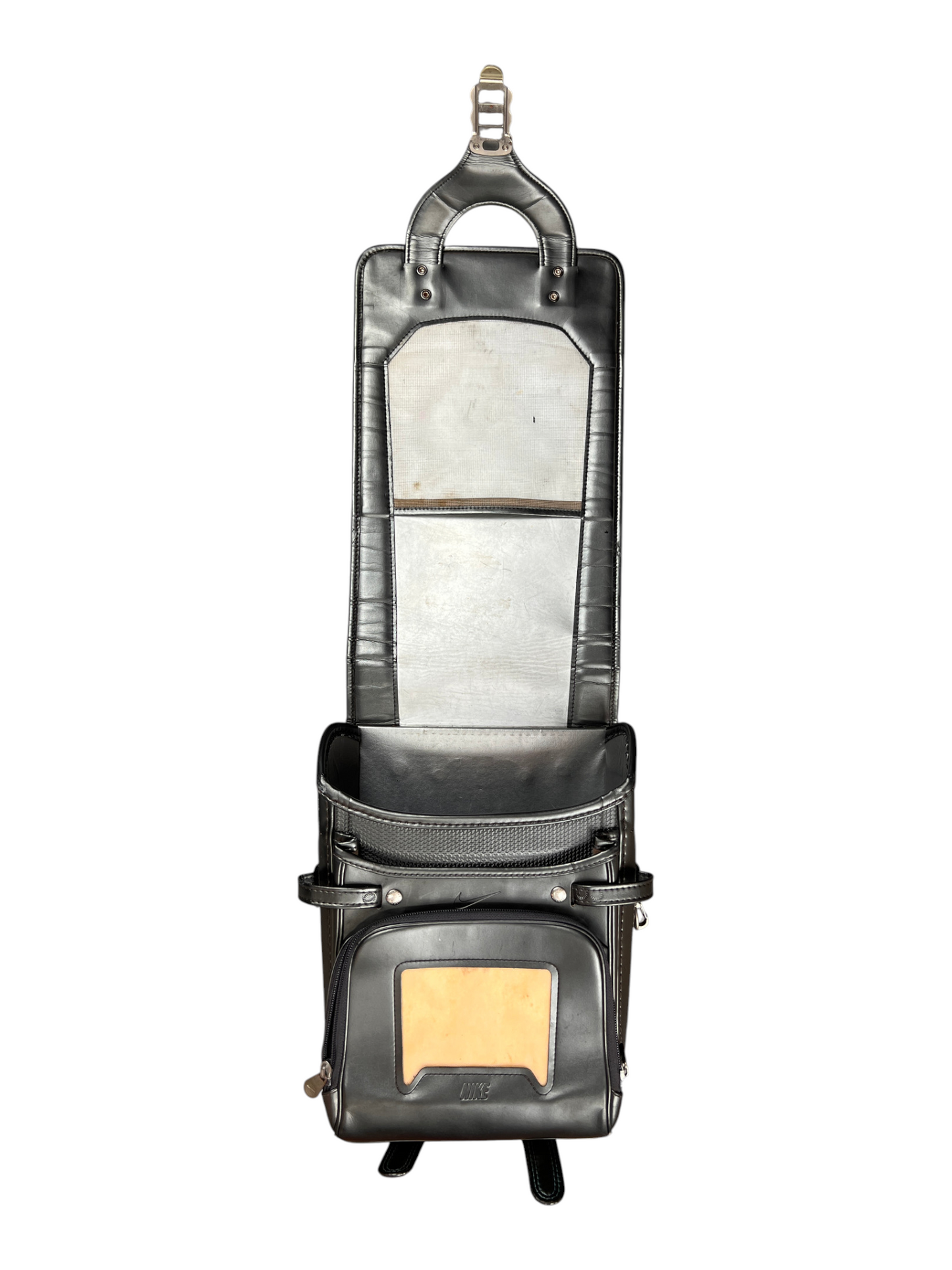 Nike Randoseru metallic charcoal and blue - opened flat showing divider and name-card window