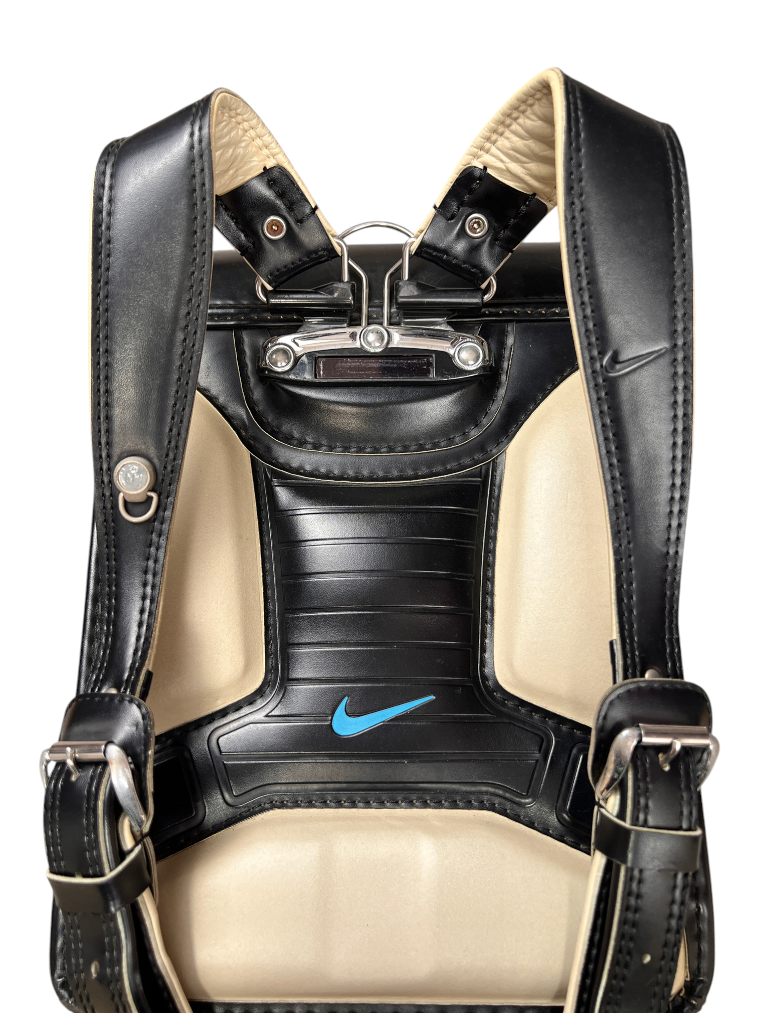 Nike Randoseru black and cream, blue Swoosh - cream back panel and blue Swoosh close-up