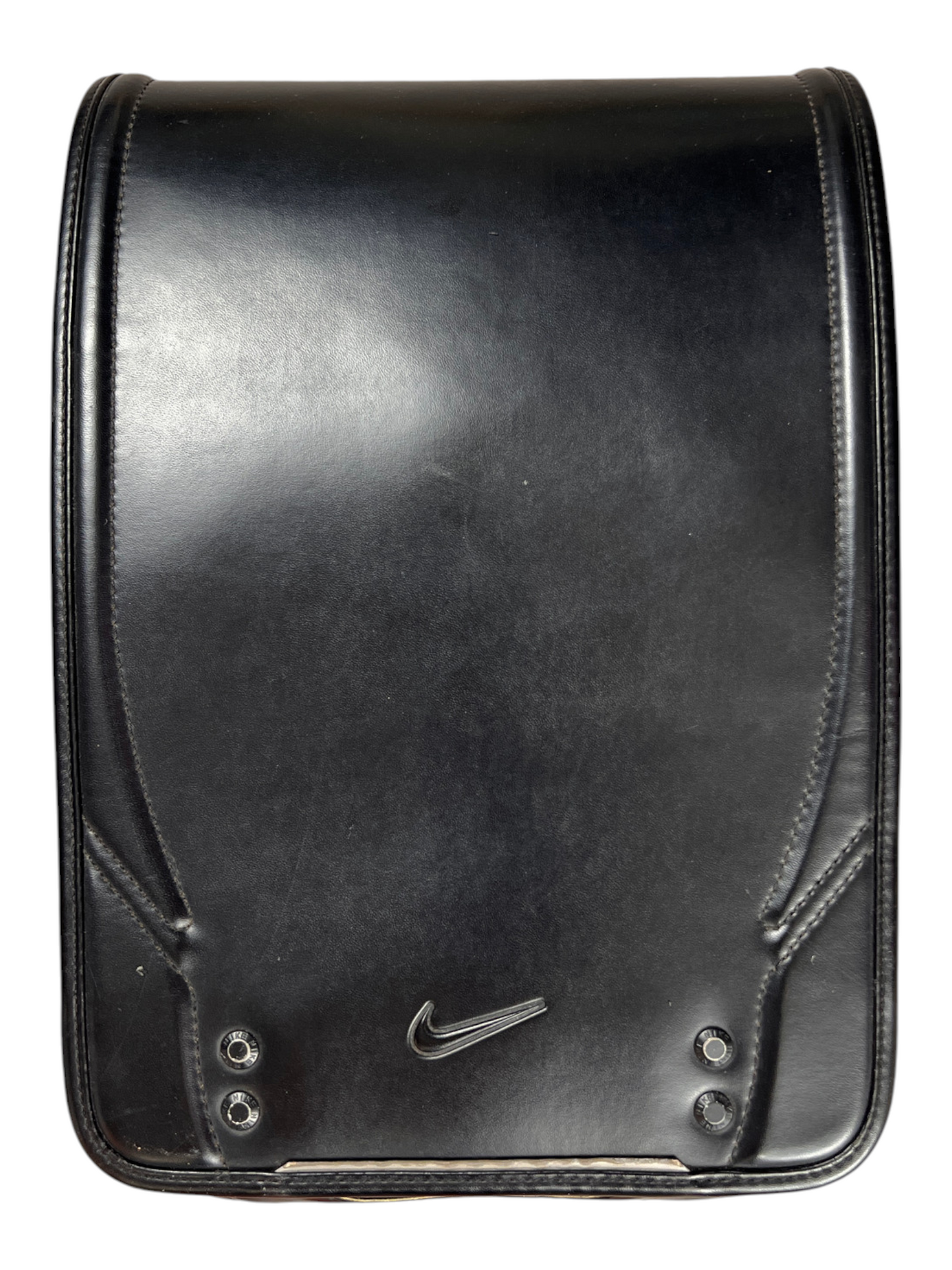 Nike Randoseru black and cream, blue Swoosh - front flap closed, moulded black body