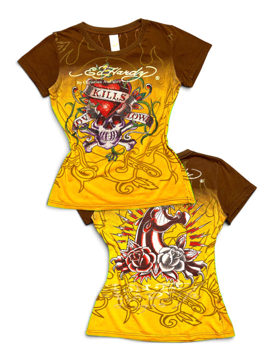 Ed Hardy Love Kills Slowly women's tee, front and back, size L