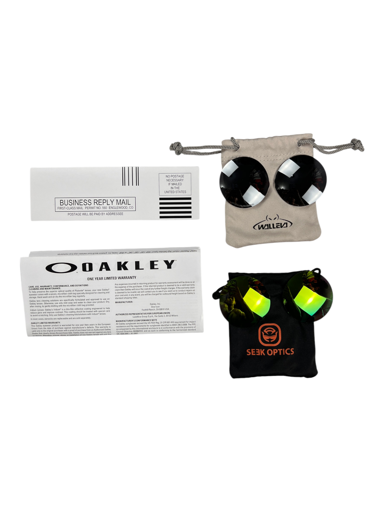 Full set: Madman spare lenses, Oakley pouch, Seek Optics pouch and papers