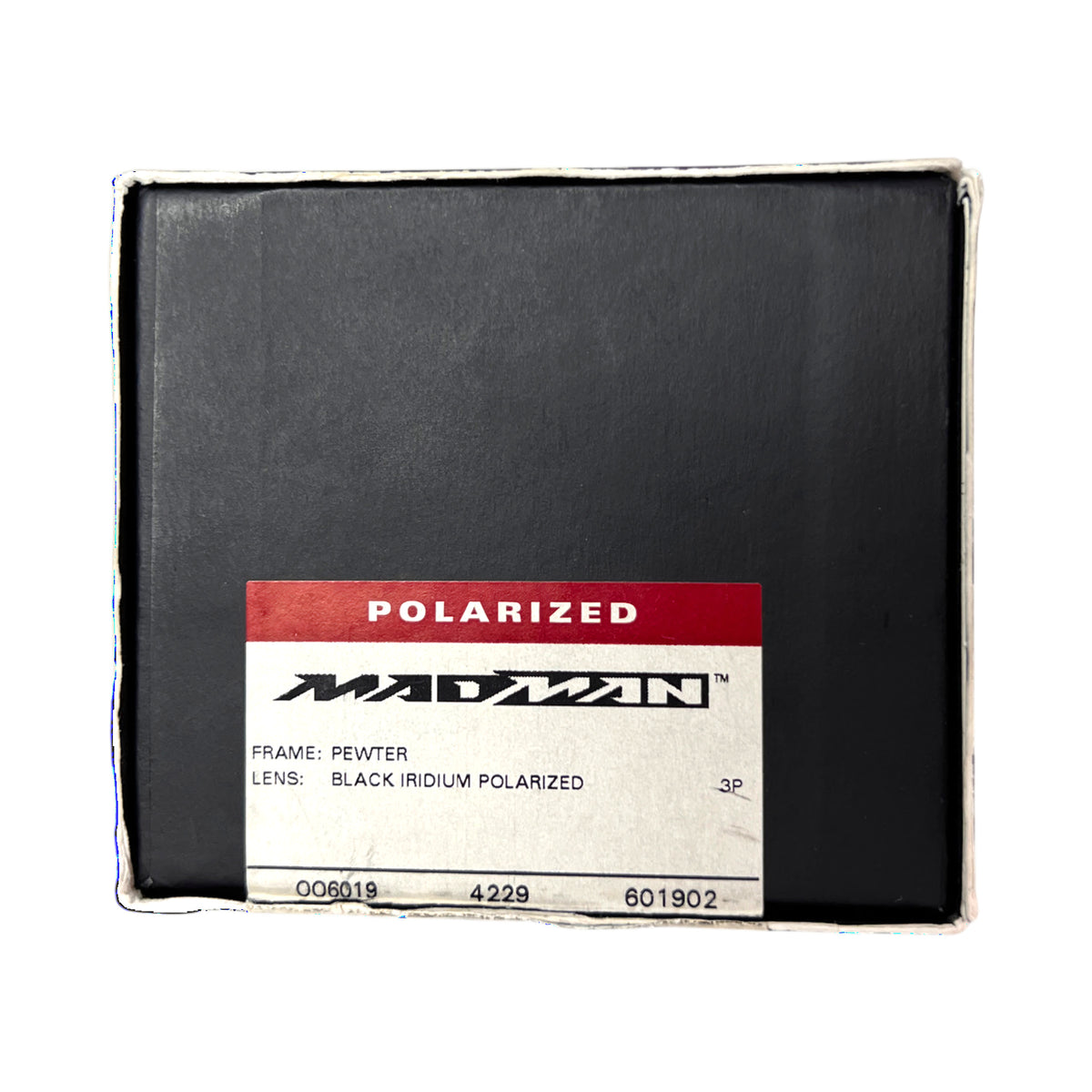Madman box label: Frame Pewter, Lens Black Iridium Polarized, OO6019