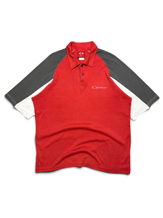 Vintage Oakley 2000s polo, red with grey raglan sleeves, red tag, size L