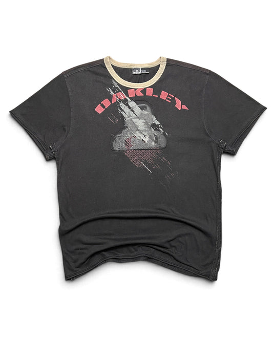 Oakley vintage 2000s ringer t-shirt, black with graphic, size M