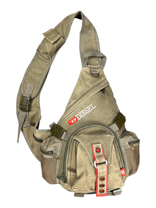 Vintage Diesel tactical sling bag in khaki washed canvas, full front