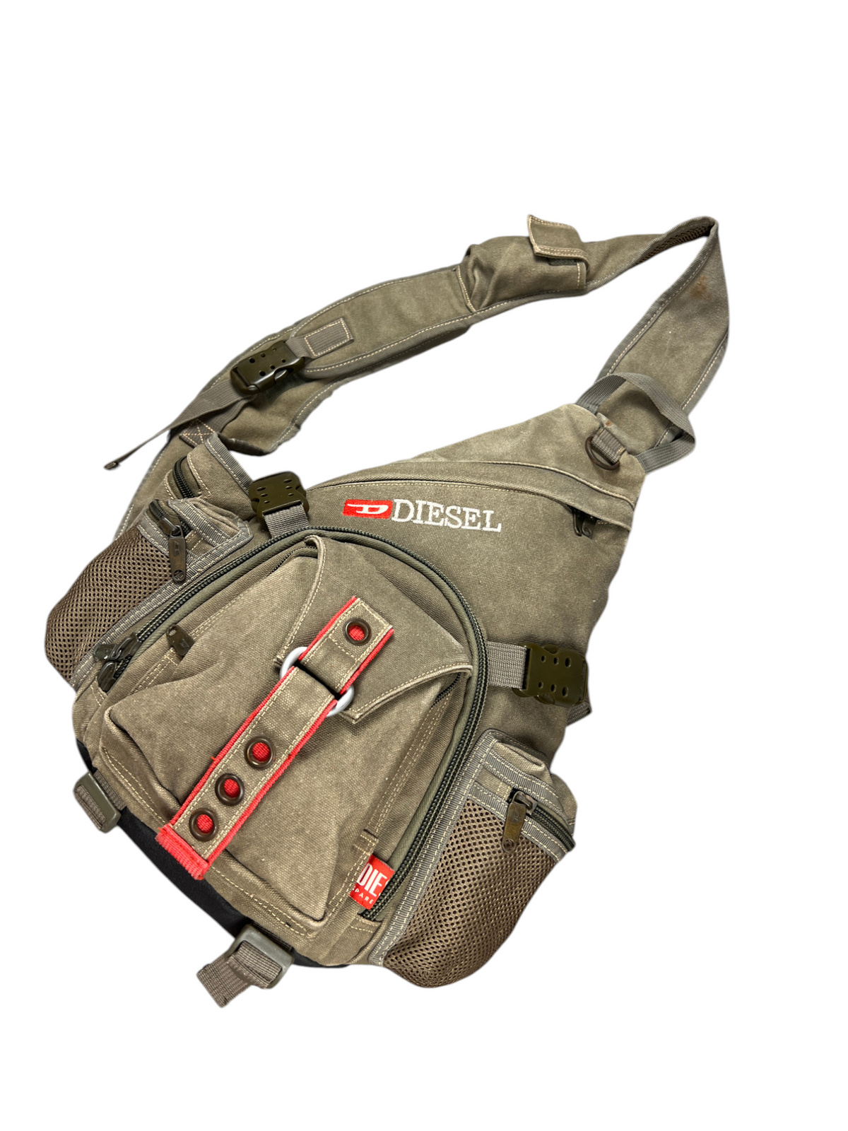 Front of the Diesel tactical bag showing the red block logo