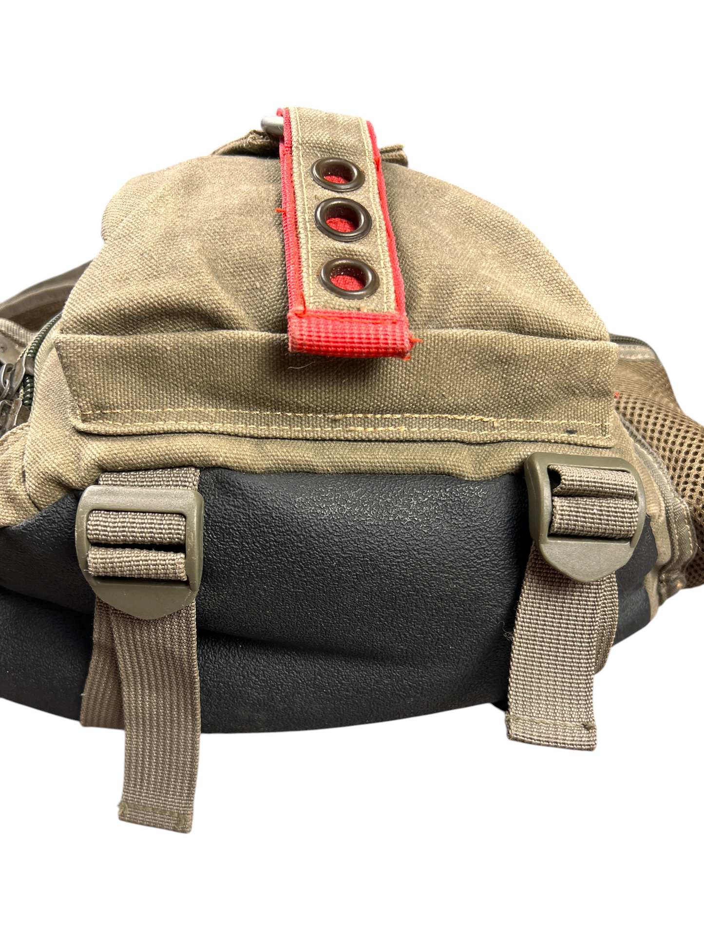 Side profile of the Diesel tactical sling bag in khaki canvas