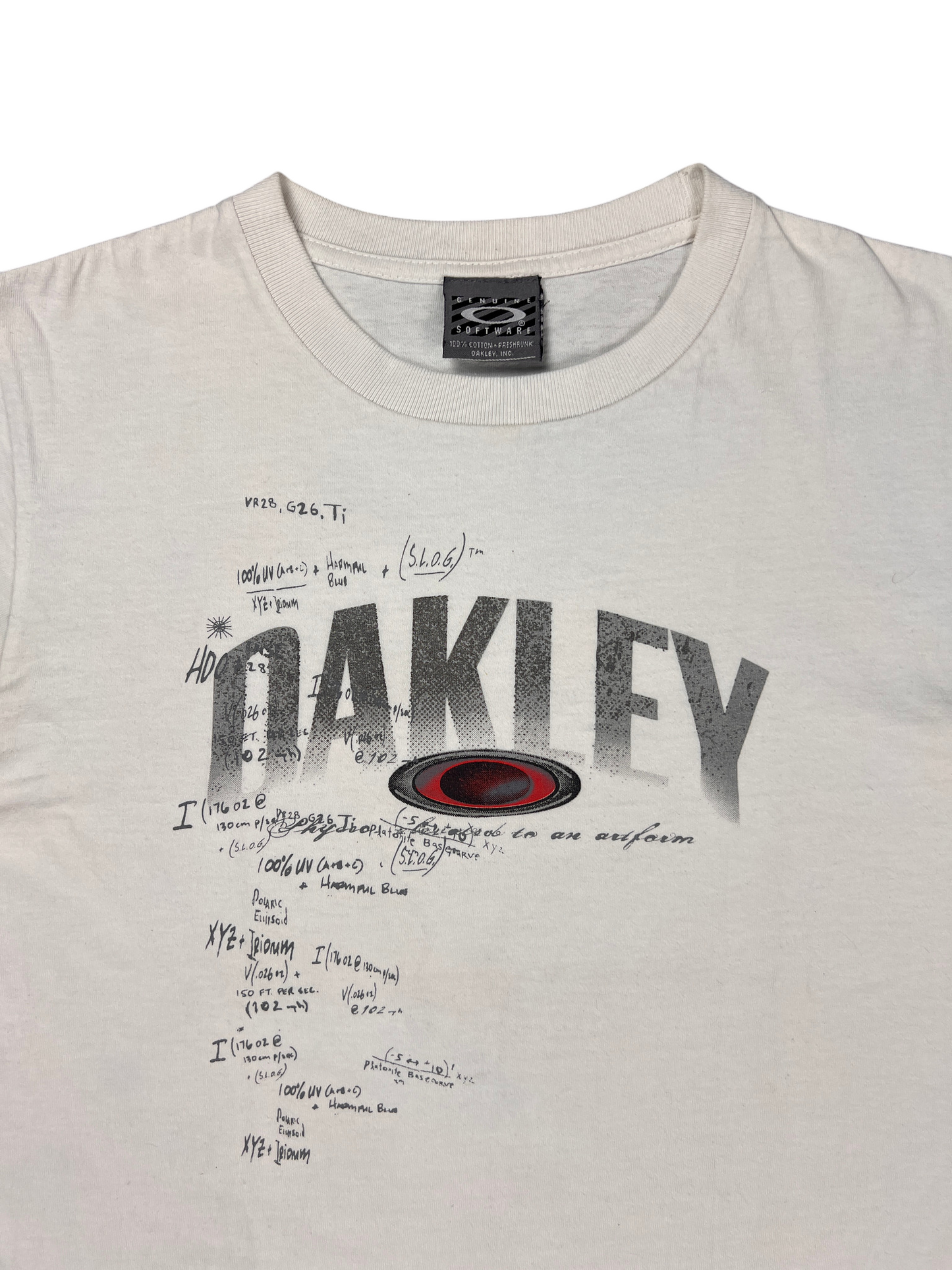 Oakley ellipse logo and tech spec print on the chest of the white Software tee