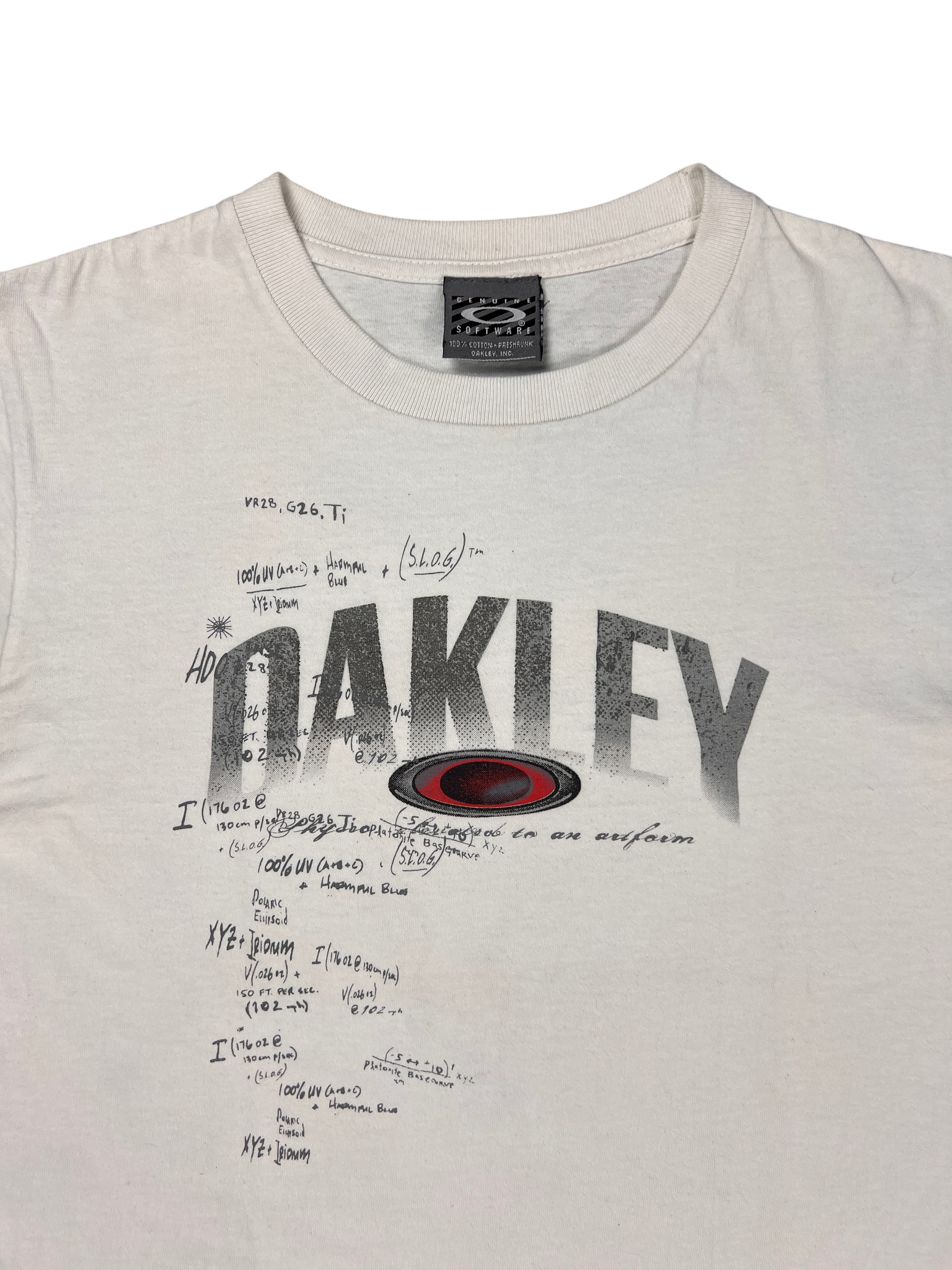 Oakley ellipse logo and tech spec print on the chest of the white Software tee