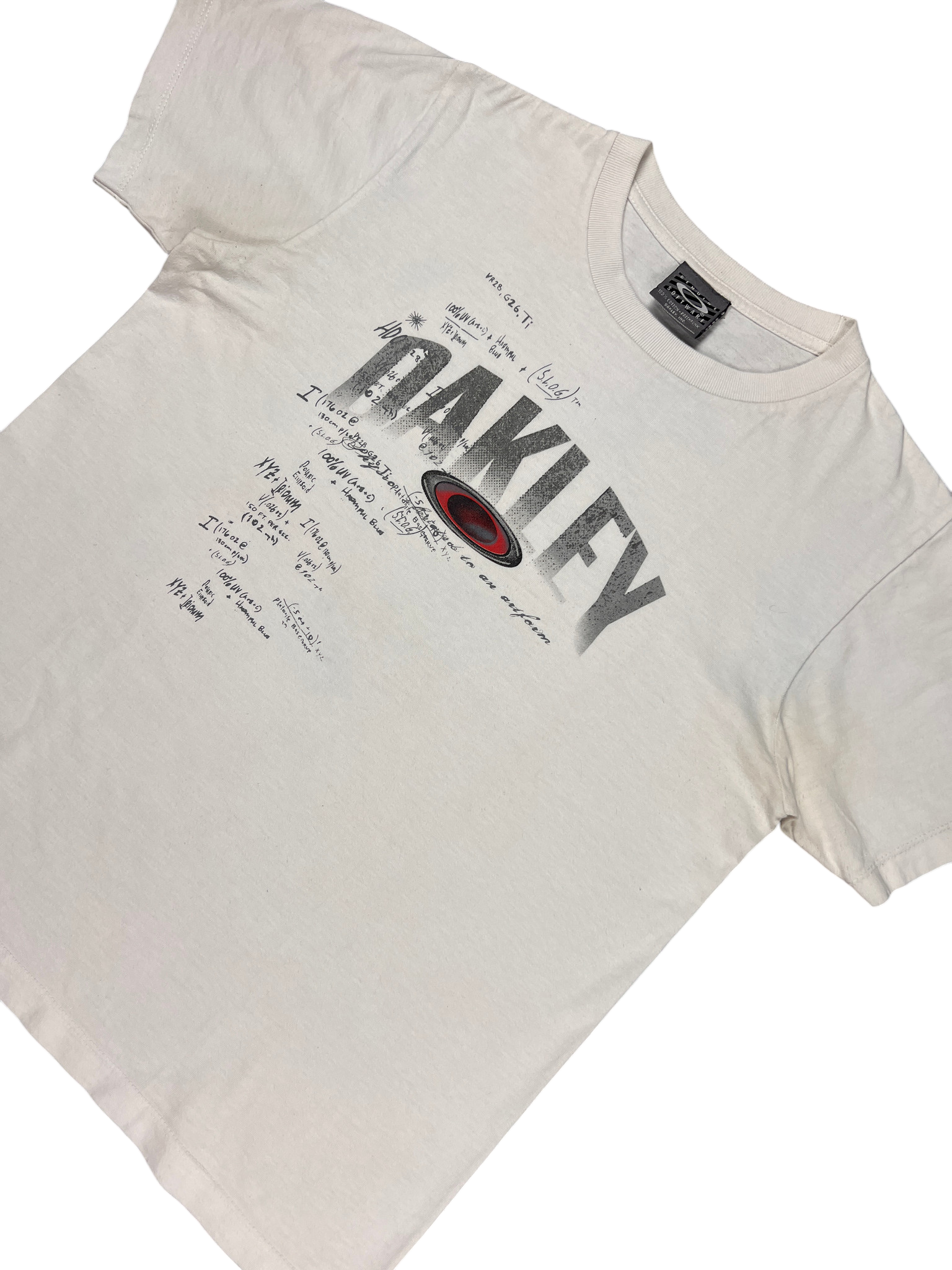 Full front of the Y2K Oakley Software t-shirt on a concrete floor