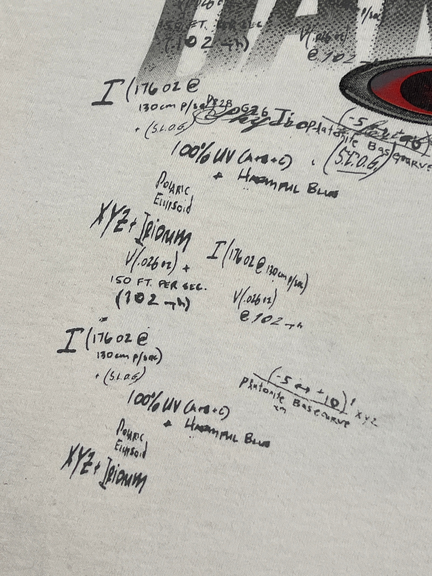 Close-up of the handwritten lens notes printed on the Oakley Software tee