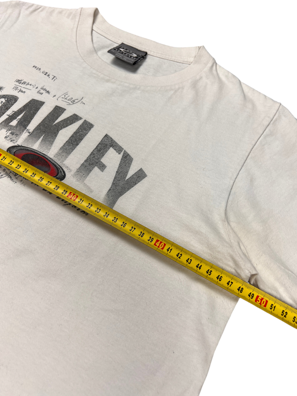 Chest measured pit to pit on the vintage Oakley t-shirt, 50 cm